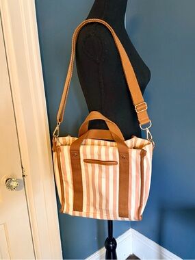 thirty-one Striped Canvas Tote in Tan and Cream with Brown Trim